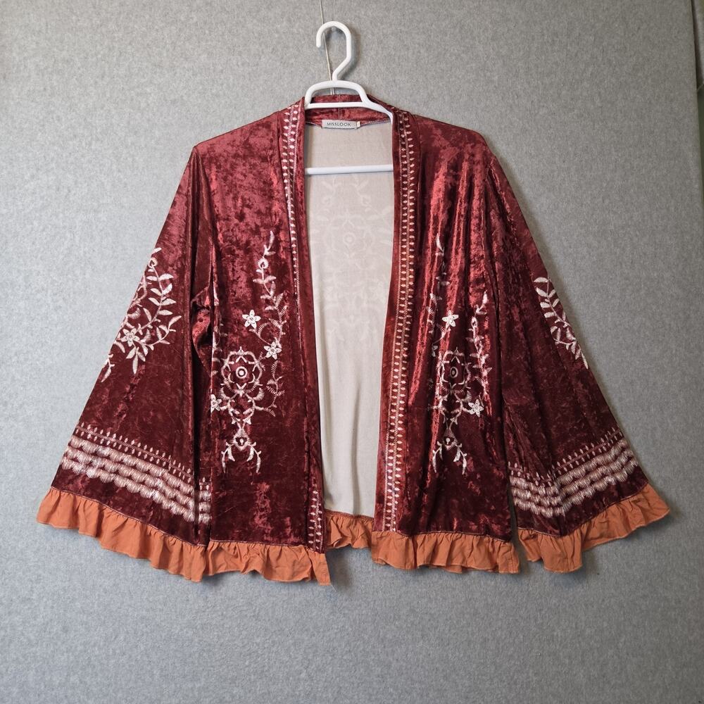 MissLook Brick Red Floral Crushed Velvet Boho Cardigan Women's Plus 2XL Stretch